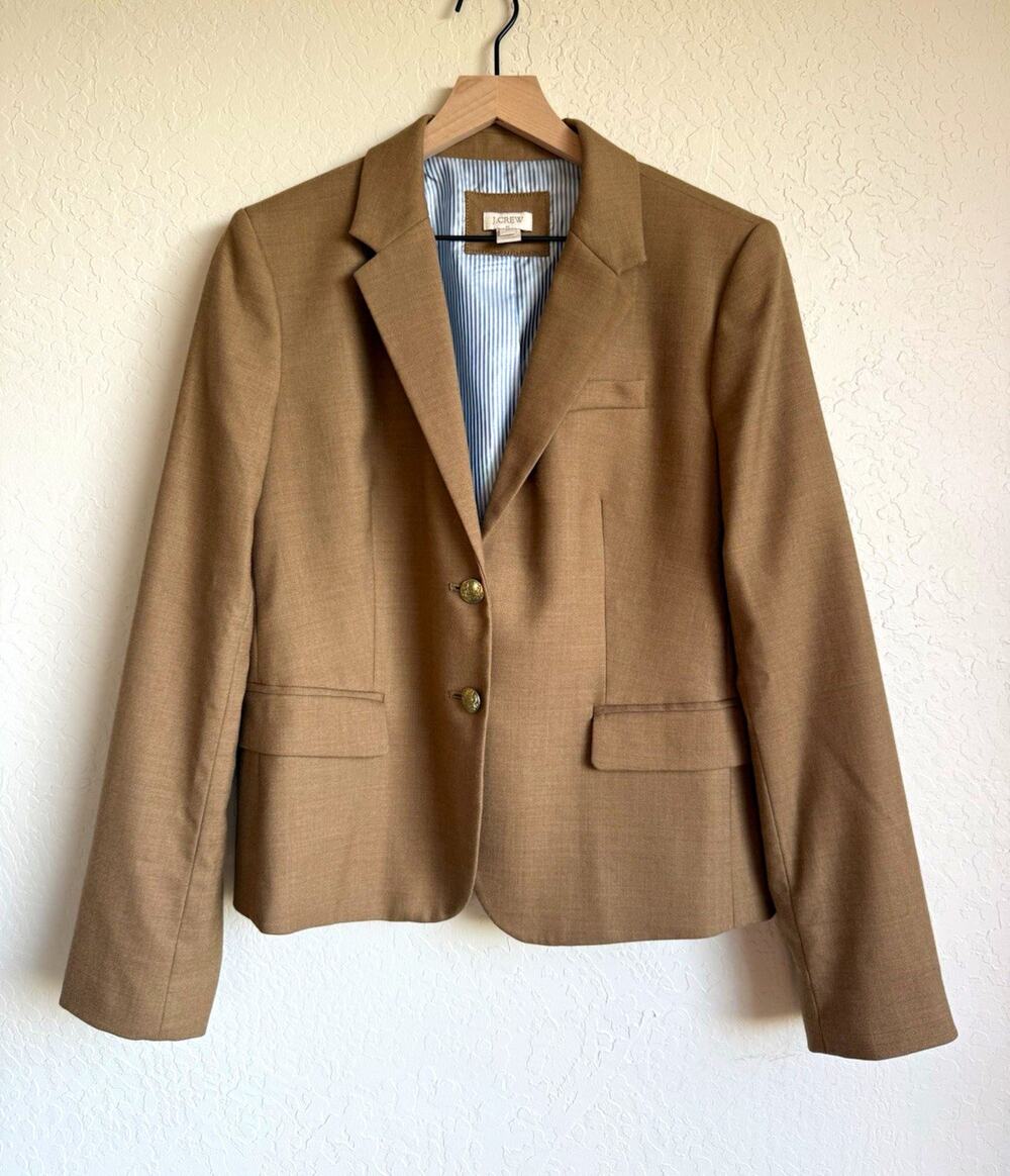 J.Crew Women’s Camel Tan Schoolboy Blazer Size 14 Wool Blend Gold Button Career
